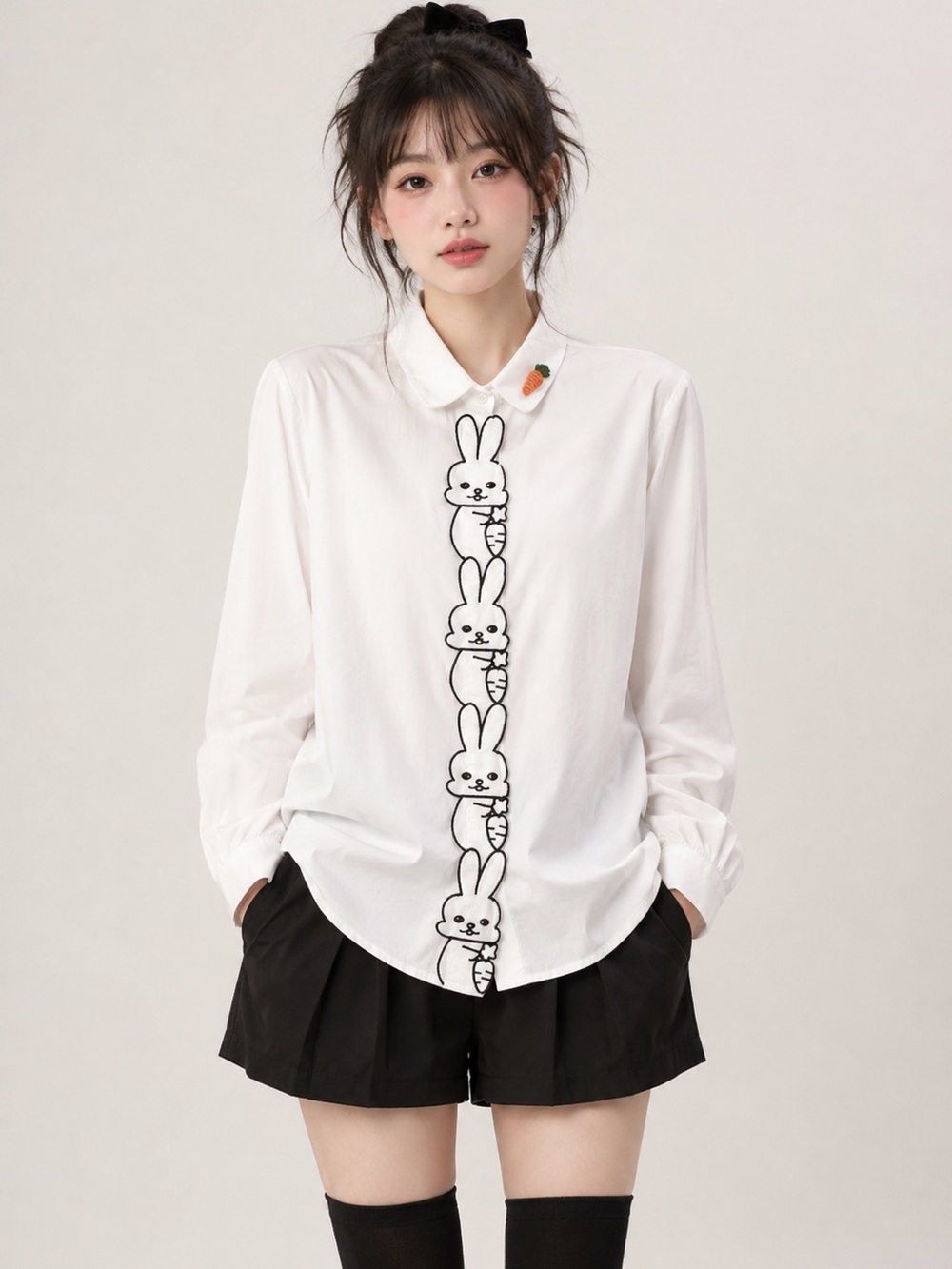 Kitschy Embroidered Rabbit with Crochet Carrot Dopamine Dressing Kawaii Blouse